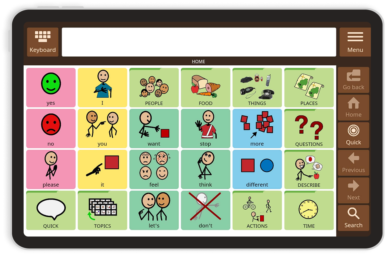 The Avaz app, on the home page with colorful buttons and folders with symbols.