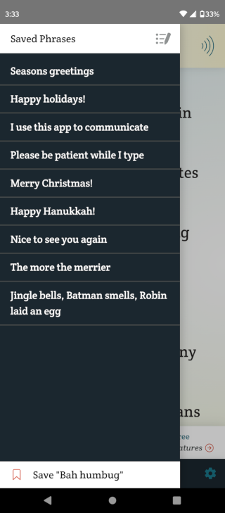 A picture of the Spoken app with various saved phrases relating to the holidays.