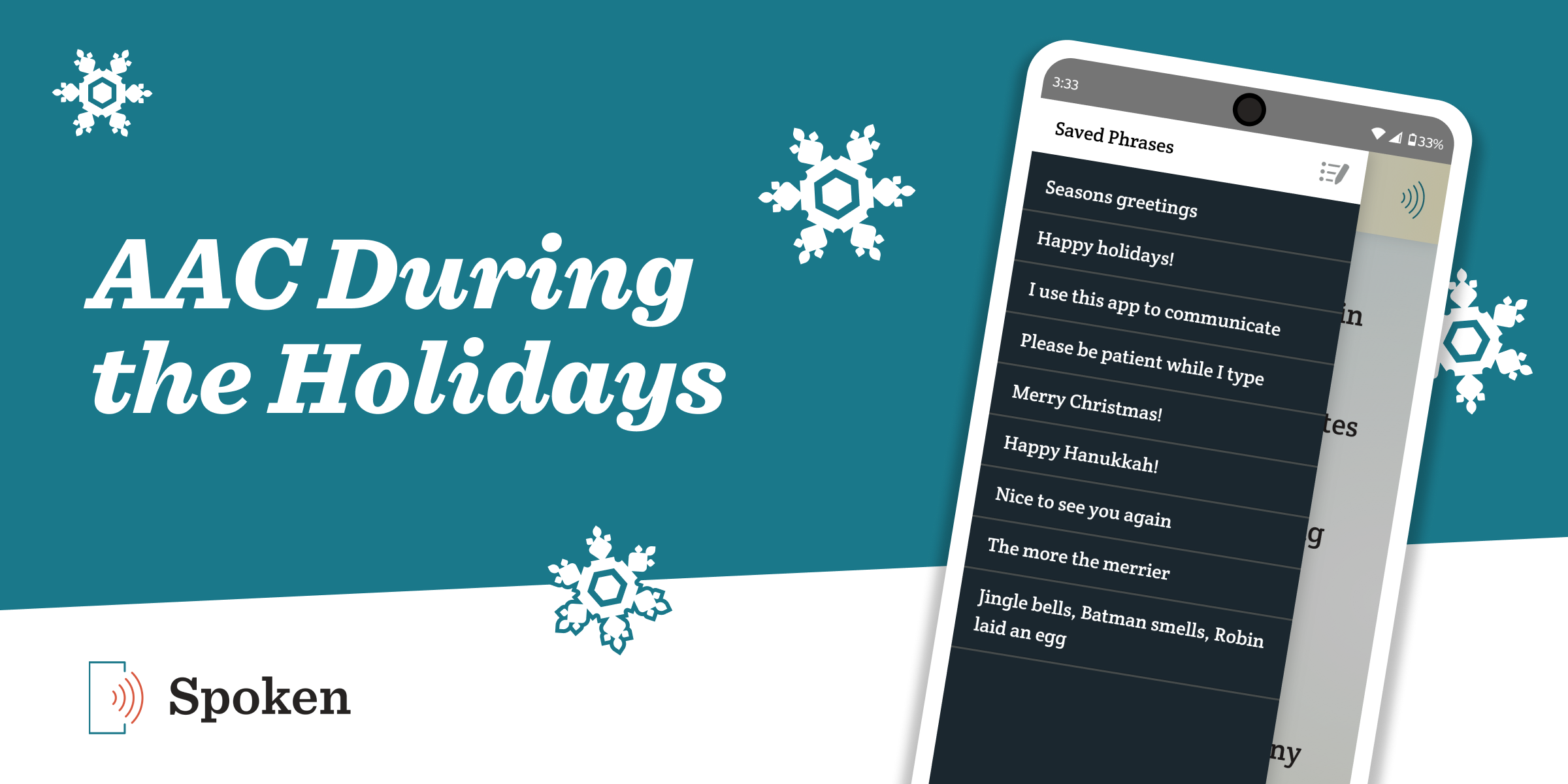 A picture of the Spoken app with various saved phrases relating to the holidays