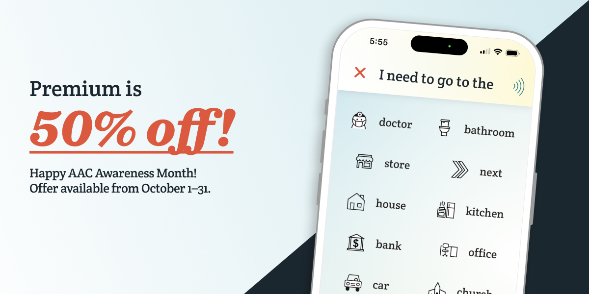 A mockup of Spoken AAC app next to large text announcing the 50% off discount on Premium.