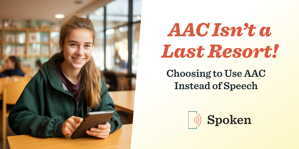 A happy teenage girl, who is a part-time AAC user, sits in a library and communicates using an AAC app on her tablet.