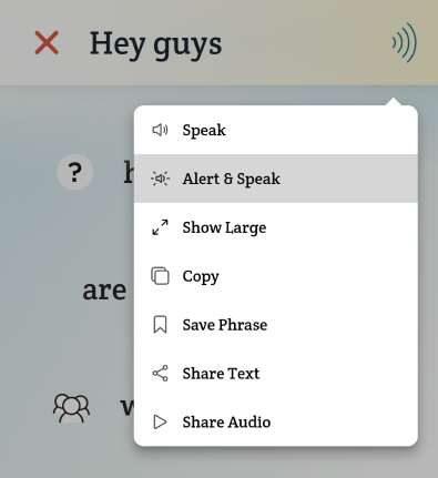 A screenshot of the Alert & Speak option being selected.