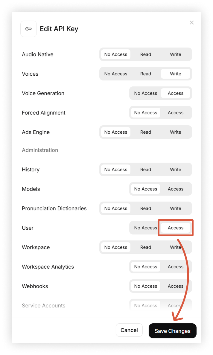 A screenshot of the Edit API Key page on ElevenLabs. The Access permission for Users is highlighted and an orange arrow points to the Save Changes button below.