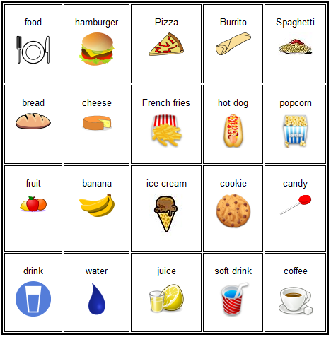 A 5x4 grid of words related to eating and drinking, accompanied by clip art to visualize the terms.