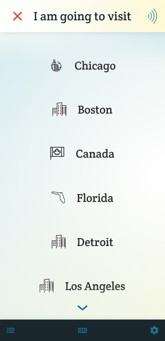 A screenshot of the phrase 'I am going to visit...' being typed into Spoken. Below are predictions of various cities, states, and countries, all with their first letter capitalized.