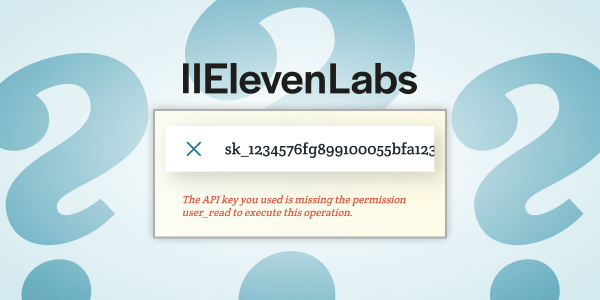 The API key field from Spoken shows an error saying the entered key is missing the user_read permission. It is surrounded by large question marks.