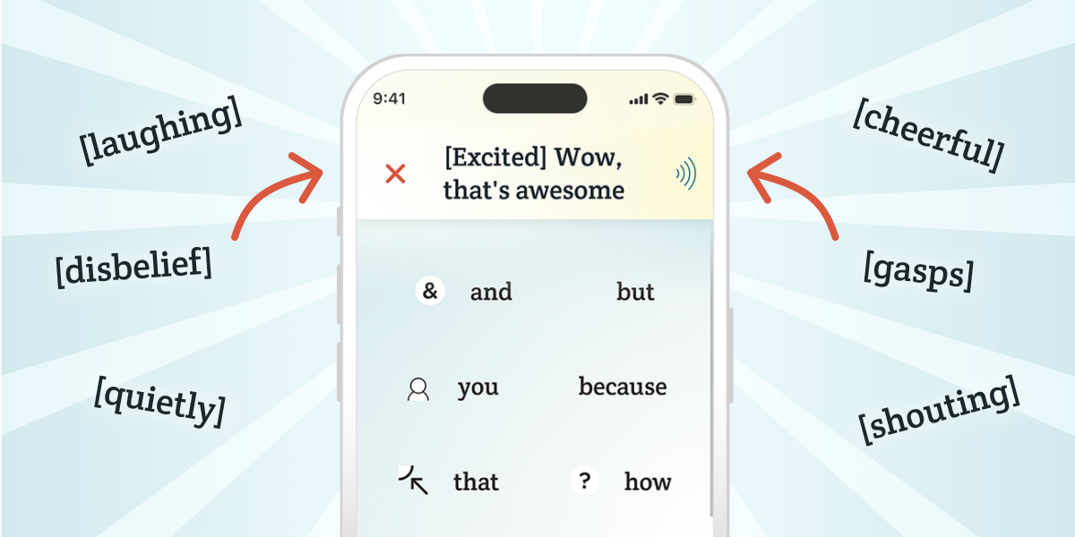 A mockup of the phone shows text entered into the Spoken AAC app: “[Excited] Wow, that's awesome”. Floating around the phone are other bracketed words, including [laughing], [disbelief], [quietly], [cheerful], [gasps], and [shouting]. Two orange arrows point from the clouds of bracketed words toward the textbox in the app.