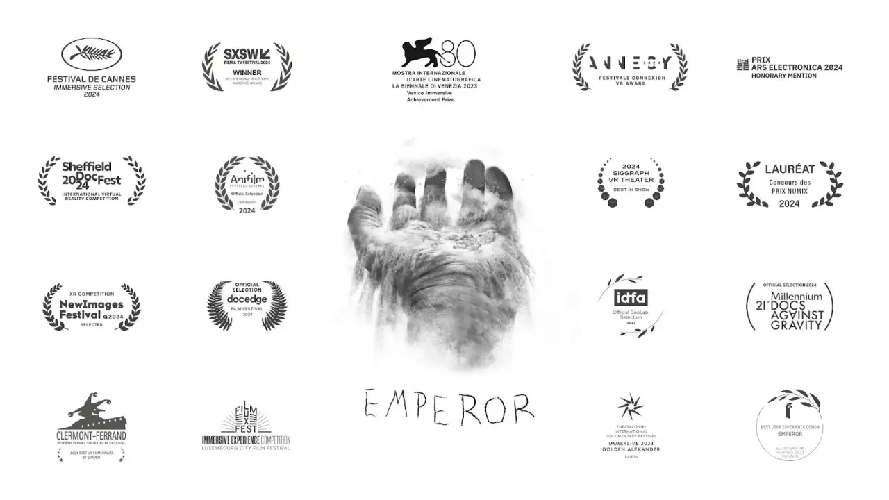 The logo for Emperor accompanied by a piece of artwork from the game and surrounded by awards.