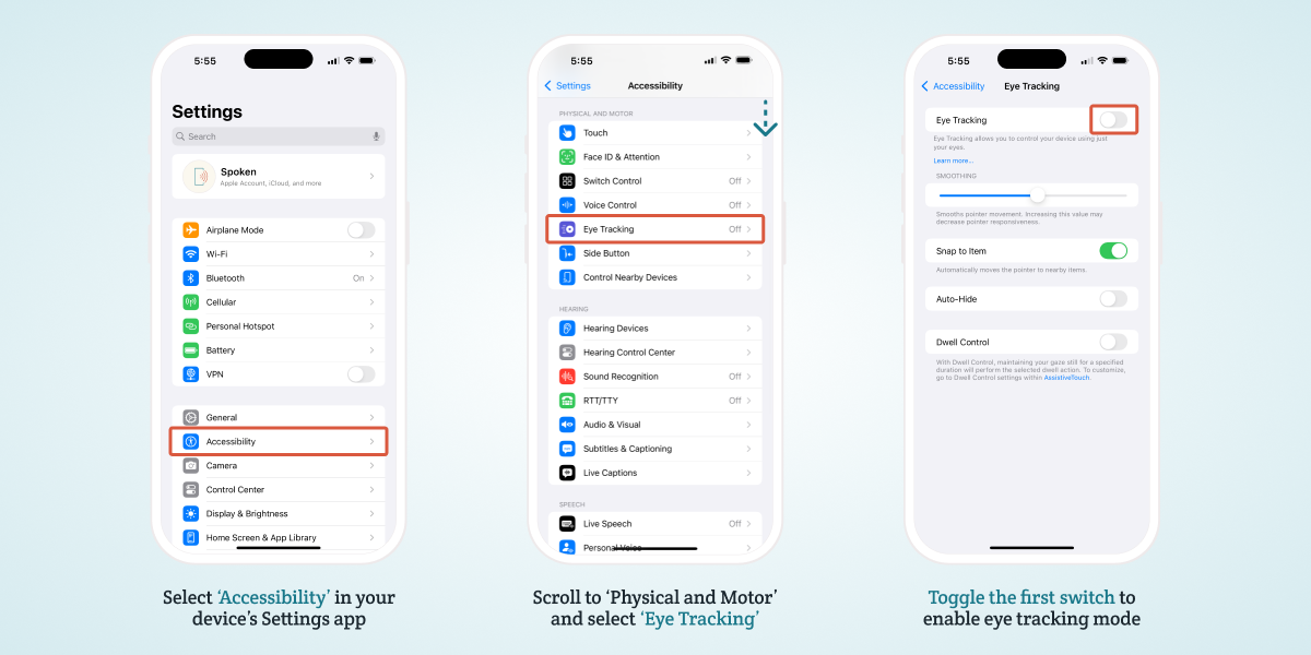 A graphic demonstating how to enable eye tracking on an iPhone. Tap the accessibility button in the settings app, then scroll down until you find the eye tracking button and tap that too. Tap the first toggle on the new screen and you will begin calibration.