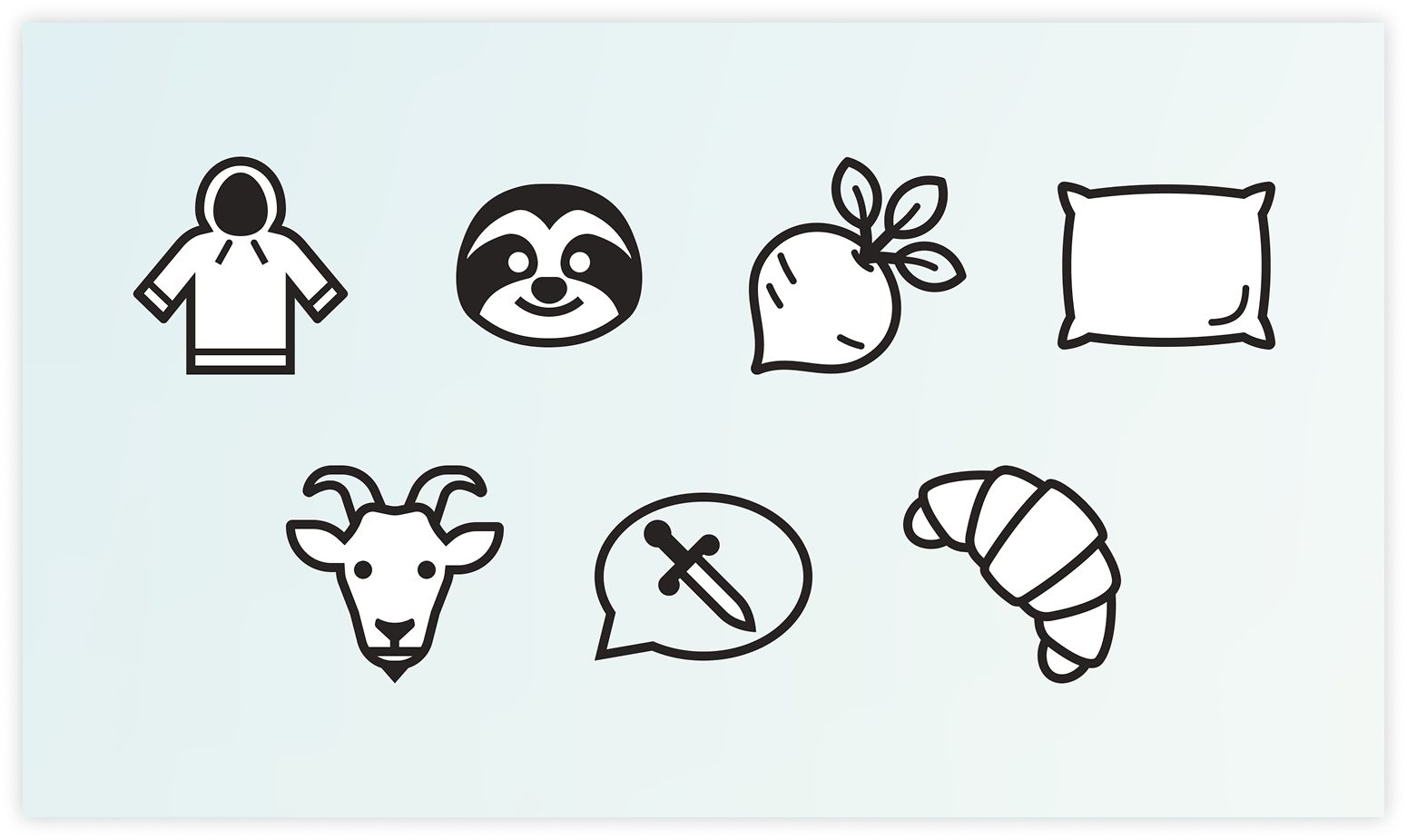 Seven black-and-white icons from Spoken, including a hoodie, sloth, beet, pillow, goat, speech bubble with a dagger (representing a threat), and a croissant.