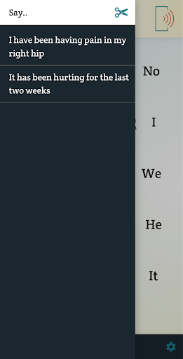 The Spoken app's saved phrases menu is open, showing two phrases relevant to the doctor's office setting. One proclaims that the user has a pain in their right hip, while the following phrase explains that the pain has persisted for the past two weeks.