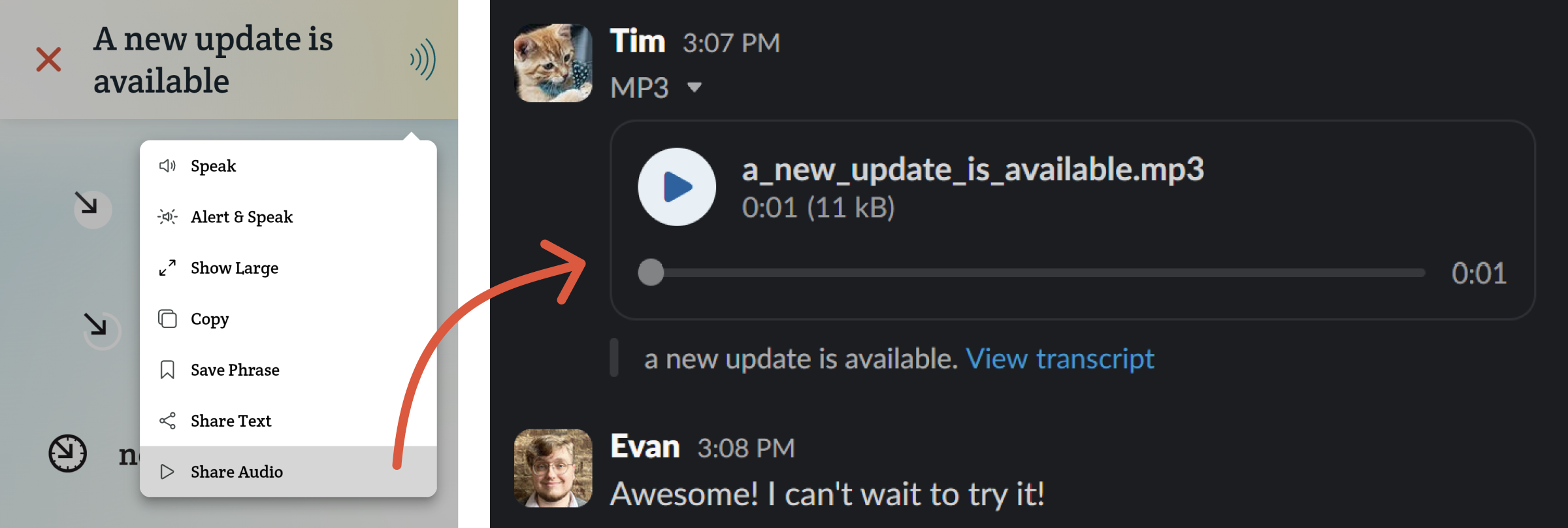 On the left, there is a screenshot of Spoken with the speak menu open below the phrase 'a new update is available'. The share audio button is being pressed. An arrow points from the button to another screenshot on the right, which demonstrates the same phrase sent as an embedded audio message on Slack messaging service. A response from another user says 'Awesome! I can't wait to try it!'