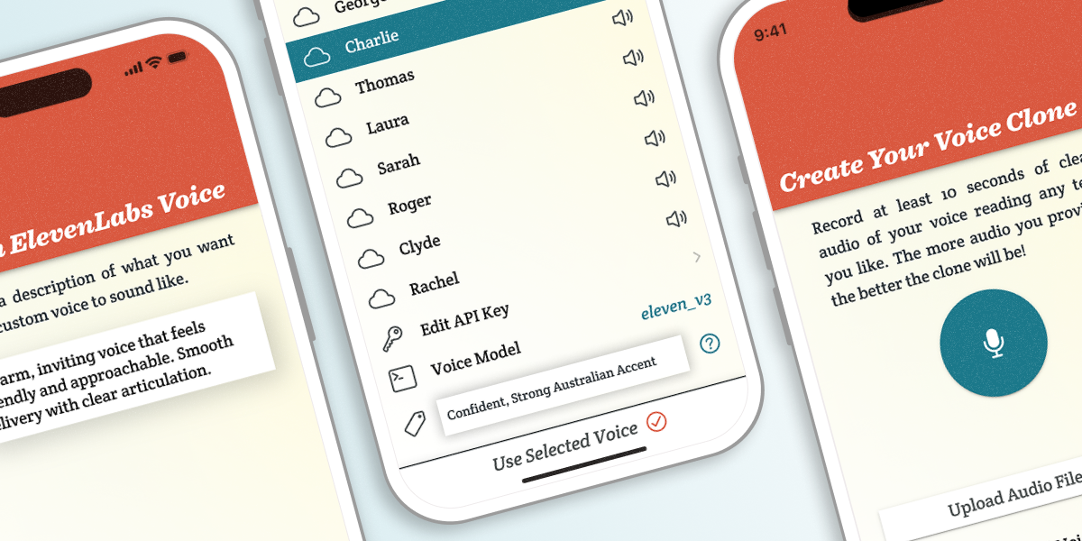 A header banner graphic showing screens from the new Spoken - Tap to Talk AAC update. Three iPhone mockups show the new voice selection page, voice design, and voice cloning.