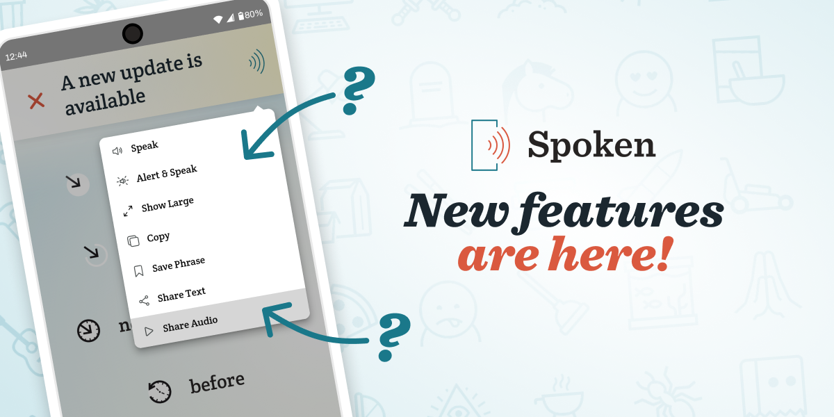 Arrows followed by question marks point to new options in the Spoken Tap to Talk AAC app. Text says new features are here! In the background you can faintly see new icons that have been added to the Spoken app.