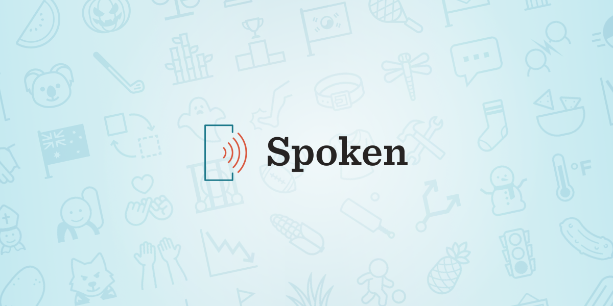 A banner graphic featuring the Spoken logo overlaying many new icons, which are faded into the blue background. Some of the more visible icons include a koala, a golf club, bamboo, tortilla chips and dip, the South Korean flag, a dragonfly, a sock, a snowman, and a traffic light.