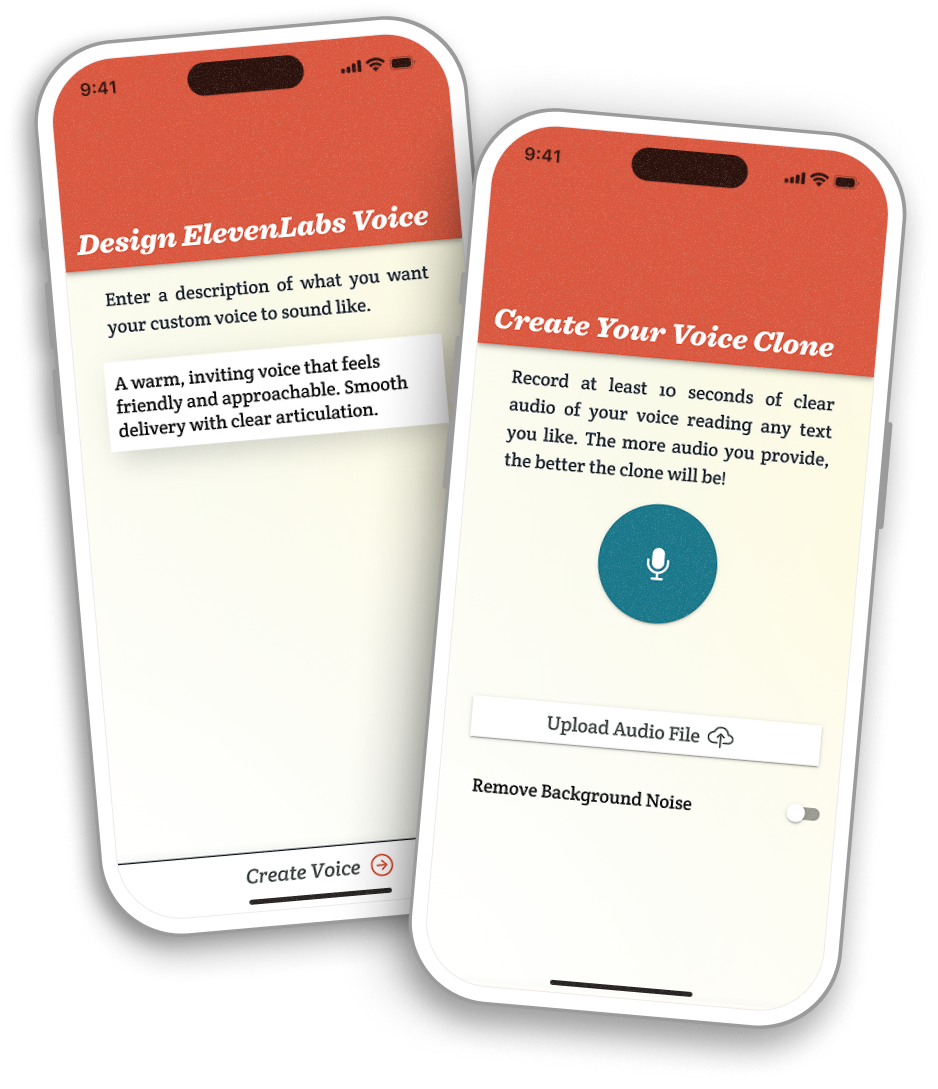 Two mockups of Spoken on iPhone, showing the page where you enter a prompt to design a new ElevenLabs voice, and the page where you record your own voice to create an instant voice clone.