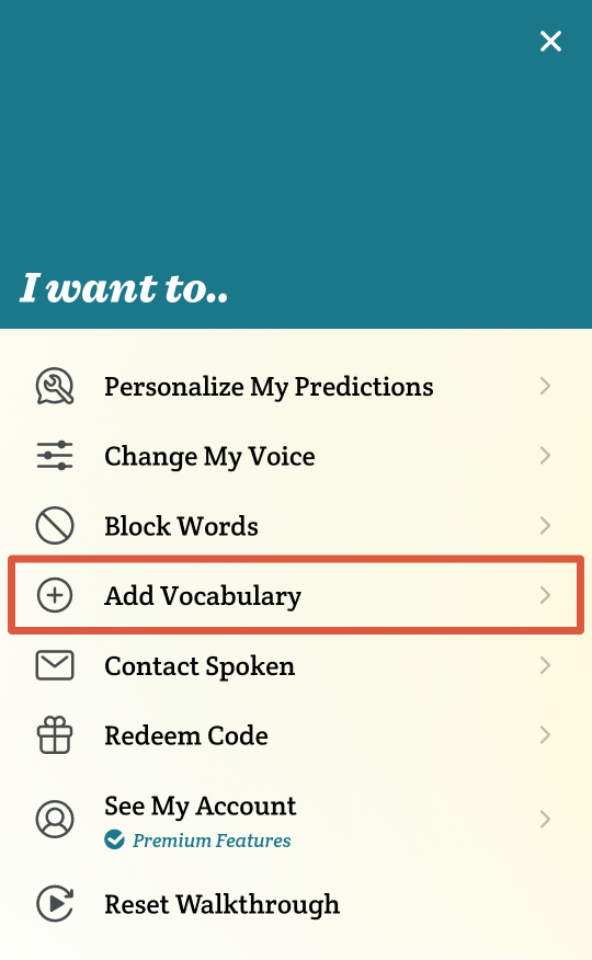 A screenshot of Spoken AAC app shows the location of the Add Vocabulary button.