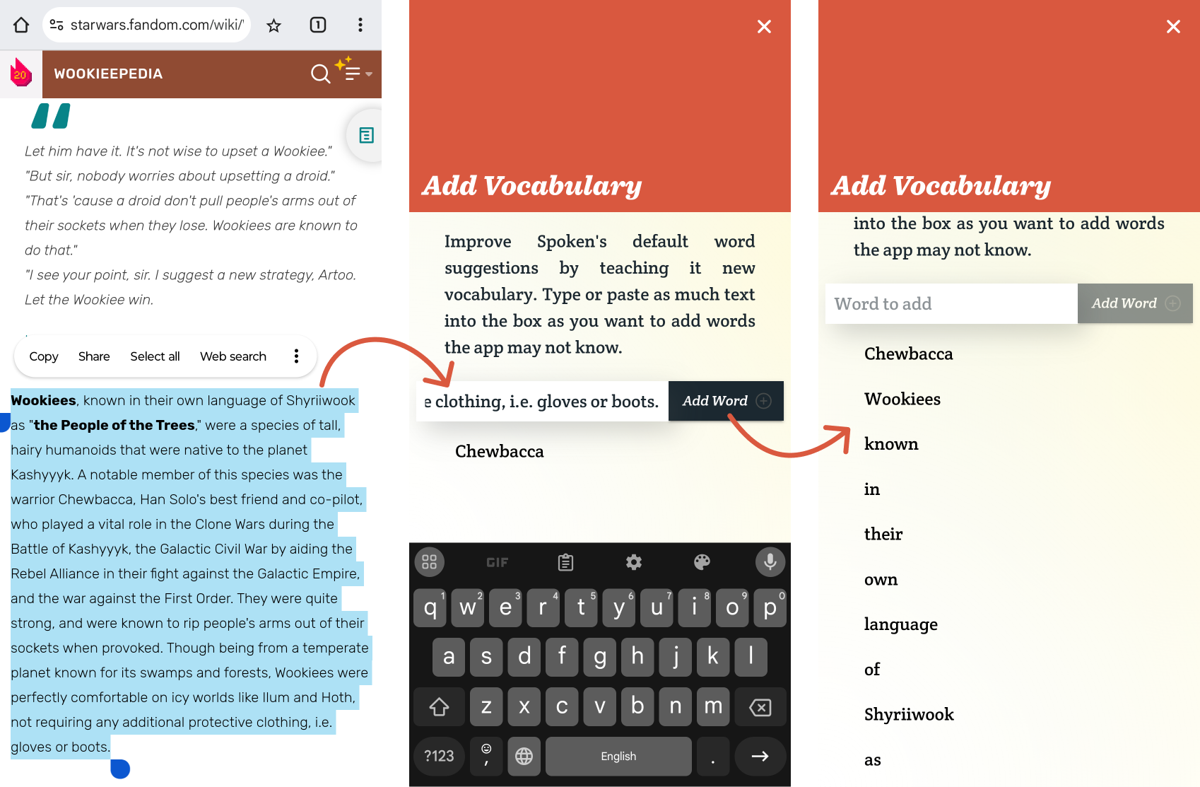 A passage is copied from the Star Wars wiki and pasted into the Add Vocabulary form in Spoken. After the Add Word button is pressed, the words from the passage appear separated in the list below the form.