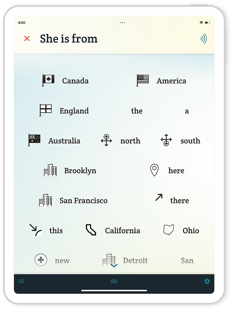 A mockup of the Spoken AAC app on an iPad Mini. On the screen, the words
