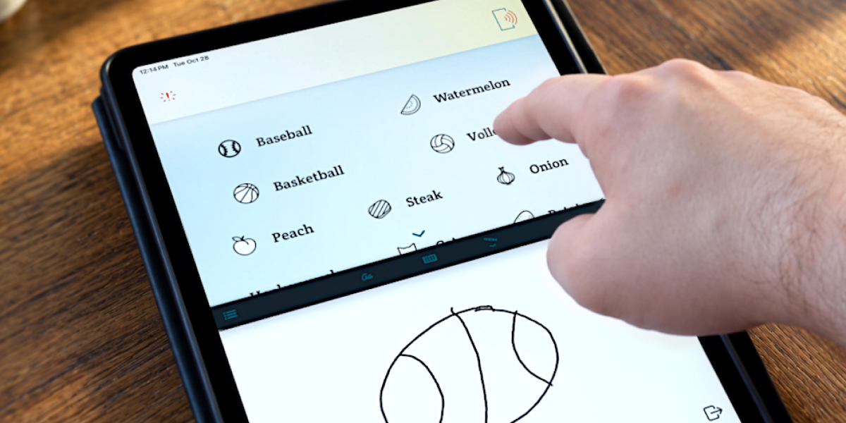 Someone uses Spoken's intelligent drawing canvas to find the word they're looking for