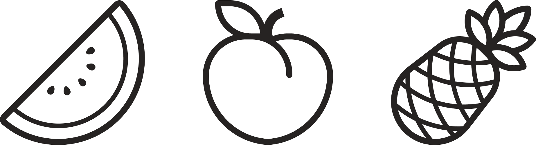 Three minimalist, black-and-white icons depicting the aforementioned fruits.