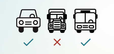 Three Spoken icons, the original car, a semi truck, and a bus. The car and bus are accompanied by blue checkmarks while the truck has a red x.