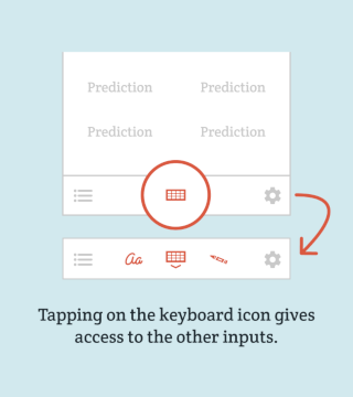 A demonstration that tapping the keyboard icon on the Spoken app's footer will reveal the icons to access the drawing and writing inputs.