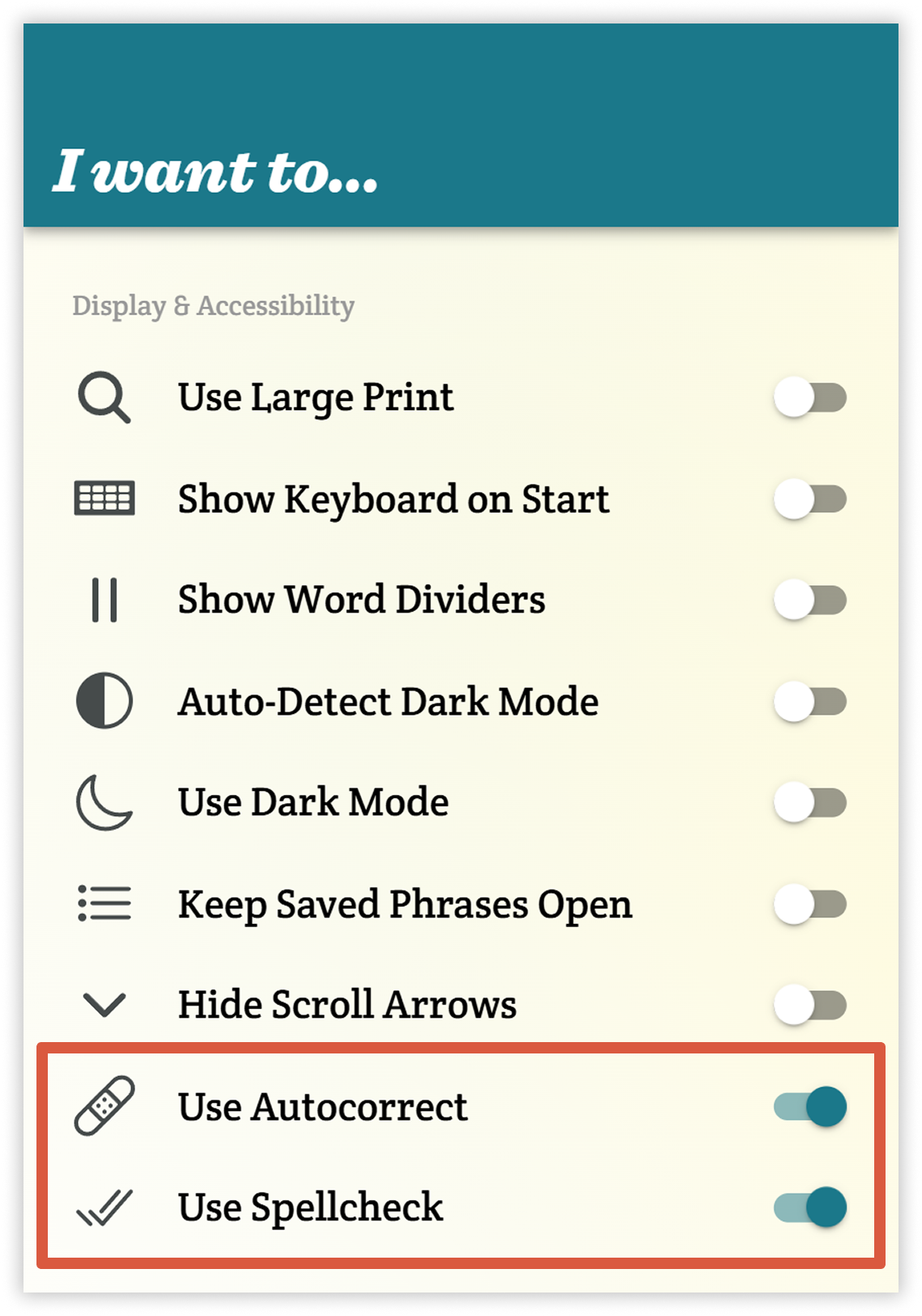 A screenshot of Spoken's settings page, scrolled to the Display & Accessibility heading, showing the spellcheck and autocorrect toggles (both on).