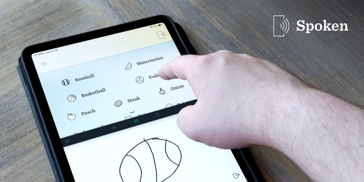 The Spoken app on an iPad offers several word suggestions based on a user's drawing of a circle with three curving lines. A finger reaches toward the word volleyball to select it. Other guesses for the word include baseball, watermelon, basketball, peach, steak and onion — all reasonable guesses based on the drawing.