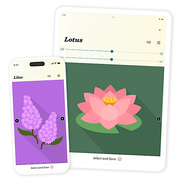 A phone and tablet showing Spoken's voice options Lilac and Lotus with voice settings for speed and pitch