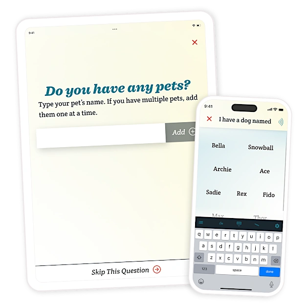 A phone and tablet showing Spoken's personalization survey and customized word predictions