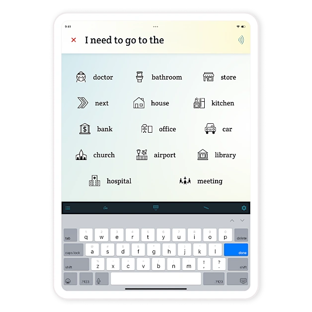 A tablet showing Spoken's main page with next-word predictions like doctor, bathroom, and store
