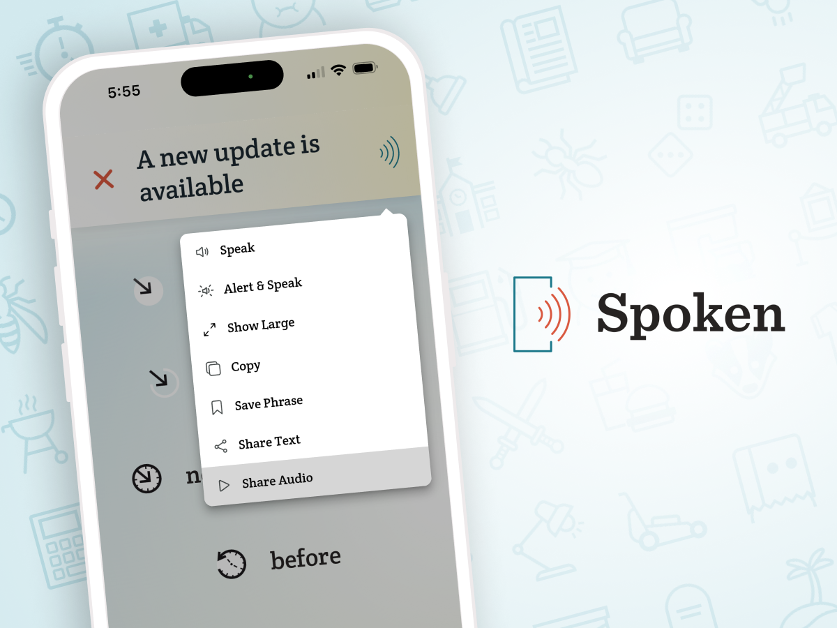 A closeup of the Spoken AAC app highlighting the new Share Audio option. The app mockup is overlaying a background faintly showing some of the icons new to update 1.8.9.