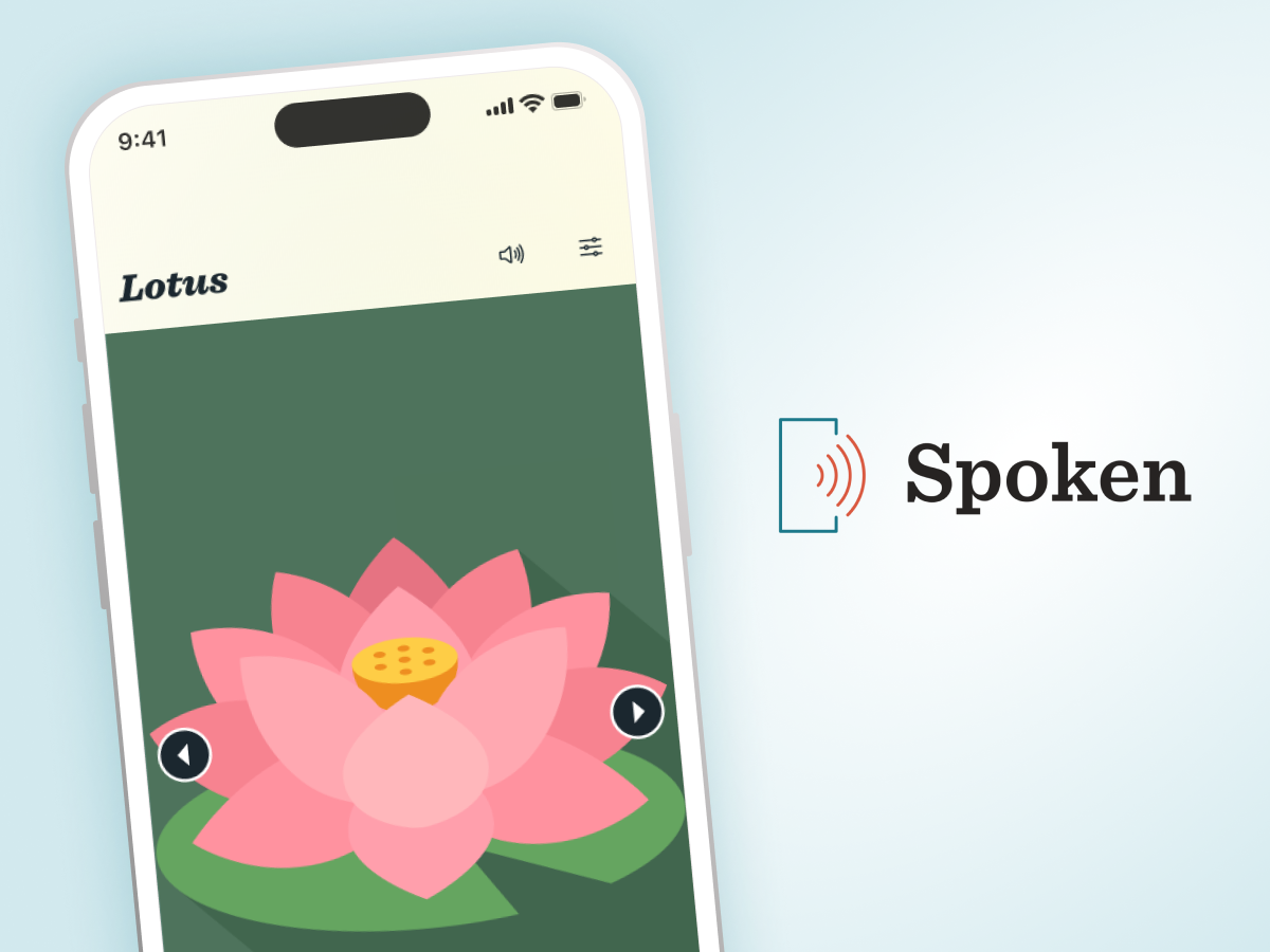A closeup of the Spoken AAC app showing the art for one of the newly added voices, Lotus. The Spoken logo is present on the right.