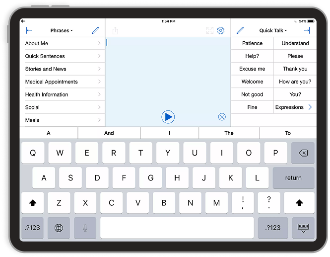 A mockup of Proloquo4Text on a tablet.