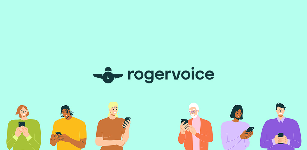 The Rogervoice logo on a light greenish-blue banner with vector art of diverse people happily using their phones.