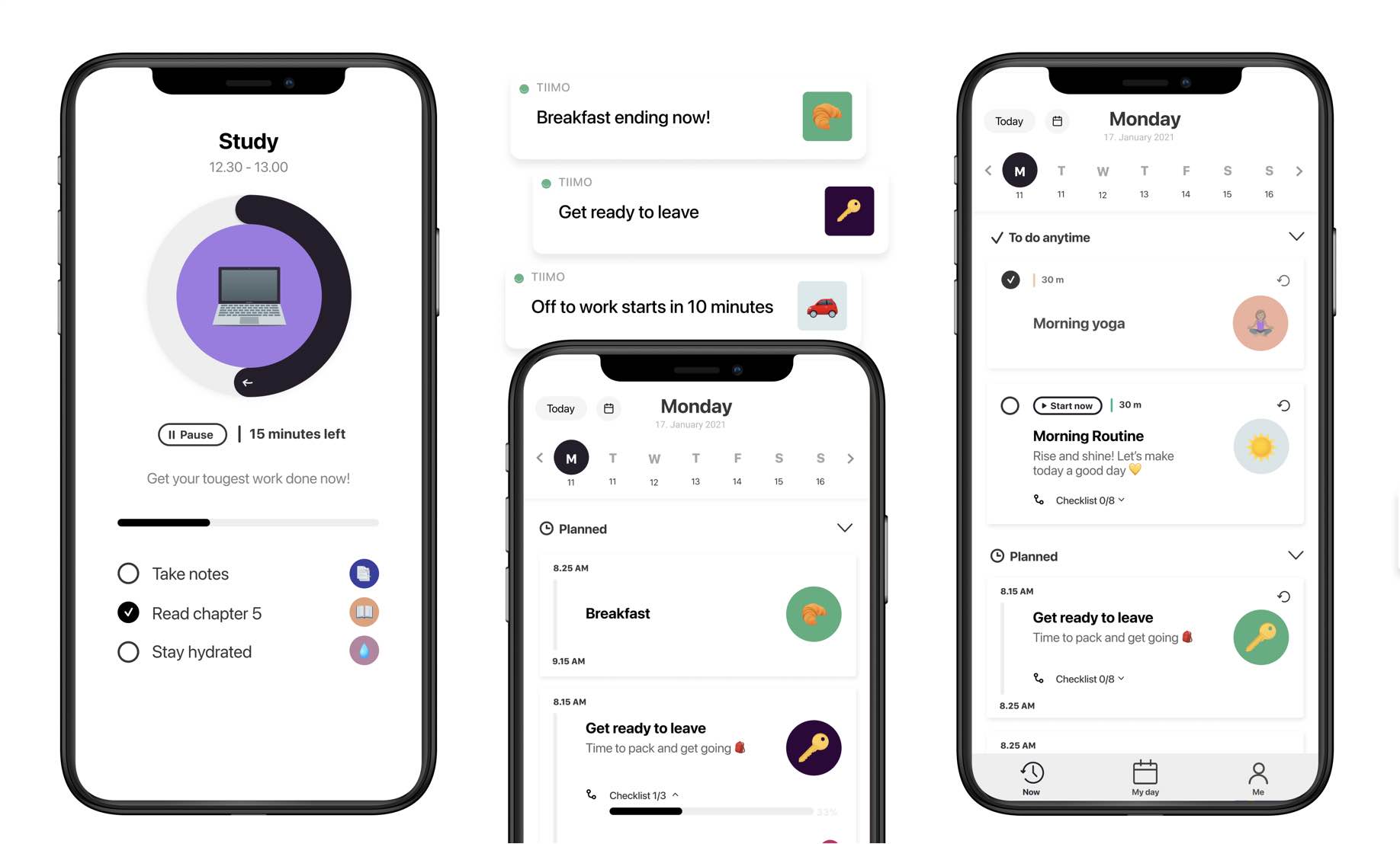 Three mockups of the Tiimo visual planner for autism on iPhone, showing different screens.