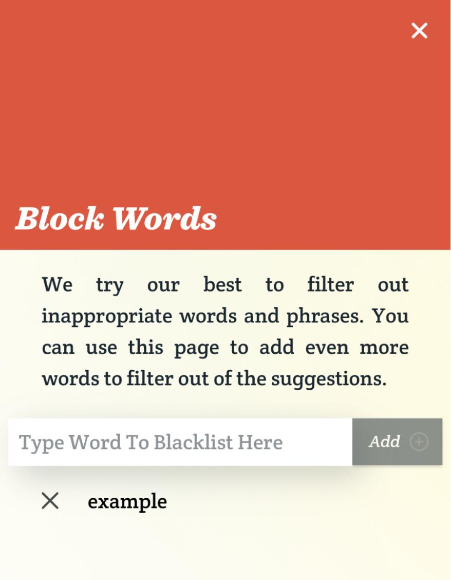 A screenshot of Spoken AAC's block words user interface.