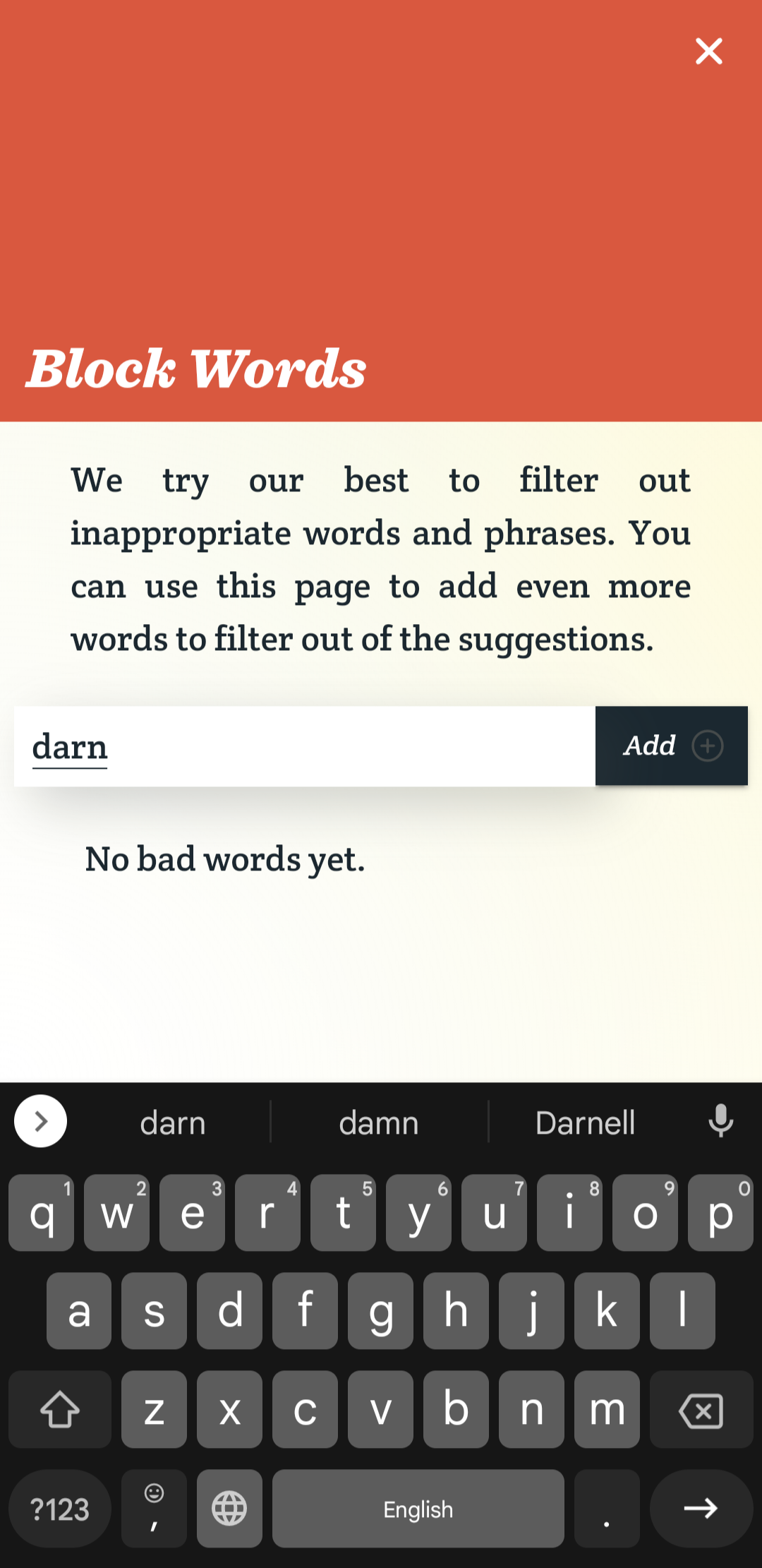 Spoken's Block Words UI, which features a form with an add button beside it. The word darn is being typed into it.