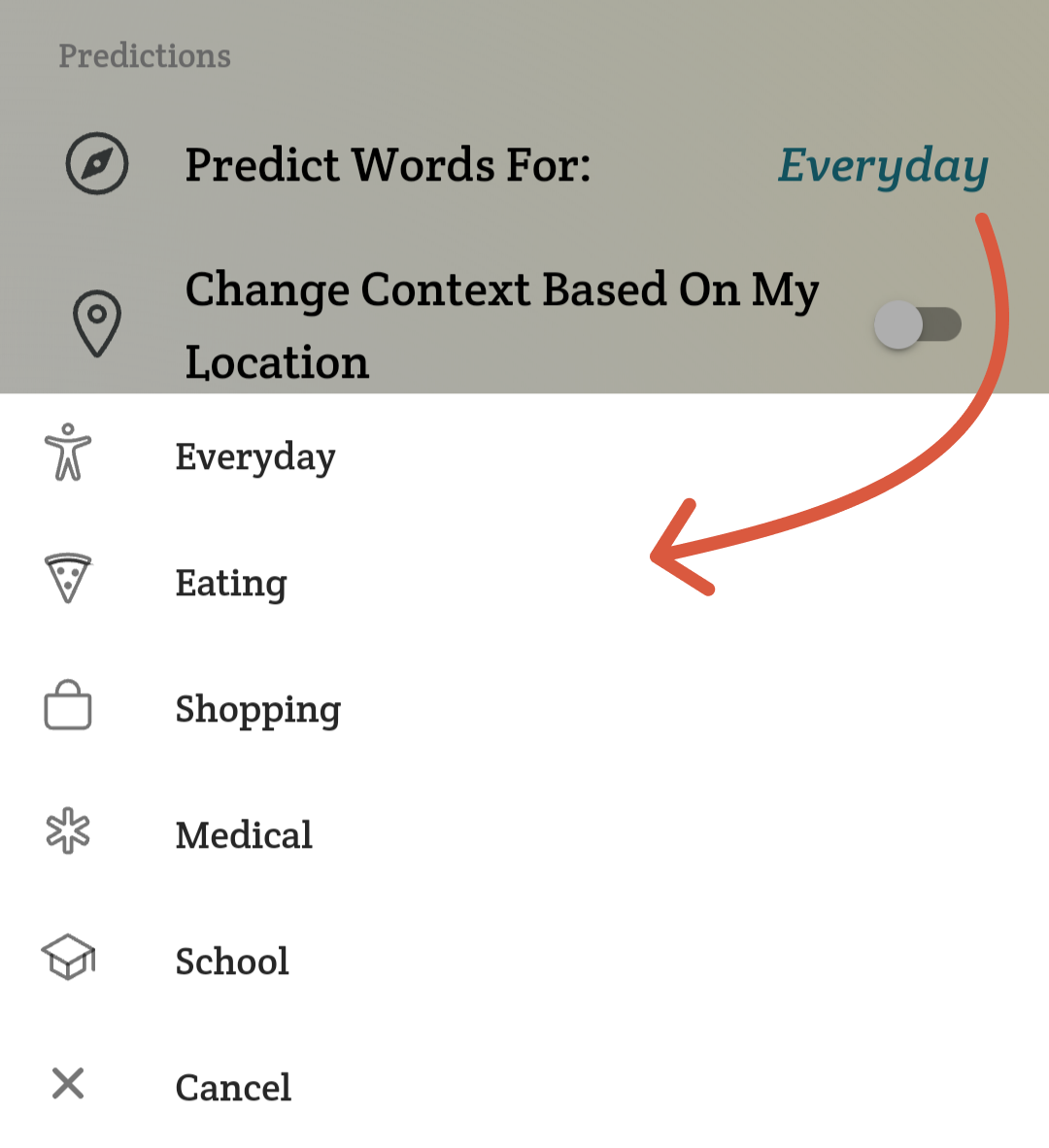 In the Spoken AAC app's settings menu, the Predict Words For option has been selected and an overlaying menu has appeared offering the following options: Everyday, Eating, Shopping, Medical, and School. Everyday is currently selected, as it is the default option.