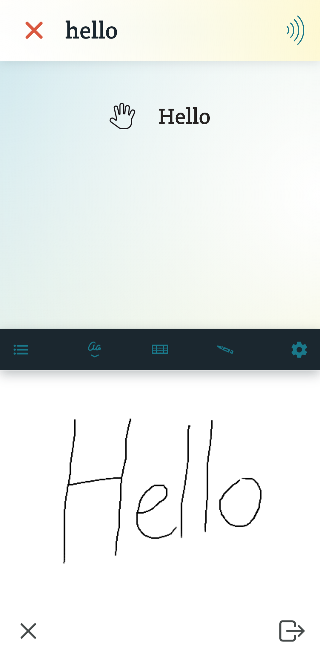 The icon that activates the writing canvas, located to the left of the keyboard icon, has been tapped and the canvas is now on screen where the keyboard usually would be. The word Hello has been handwritten in the space and Spoken has understood it and converted it into typed text.