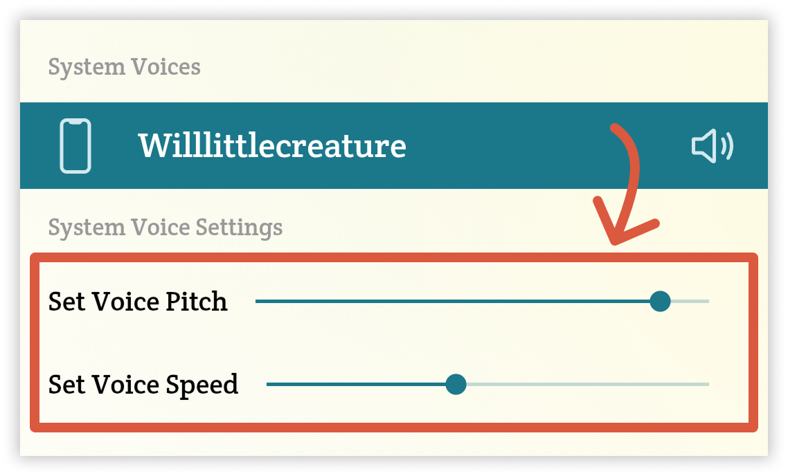 An orange arrow points from a selected system voice to the System Voice Settings sliders below the list.