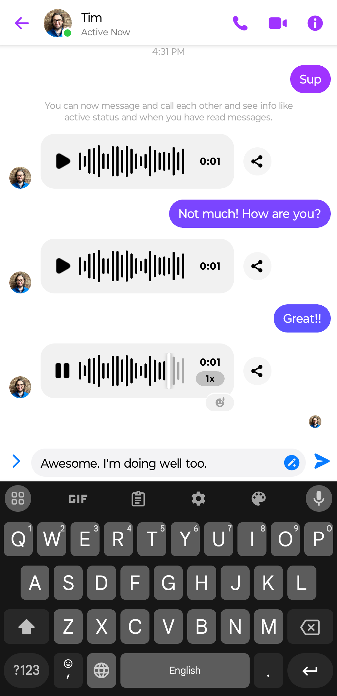 A screenshot of a friendly conversation where one user speaks with audio messages.