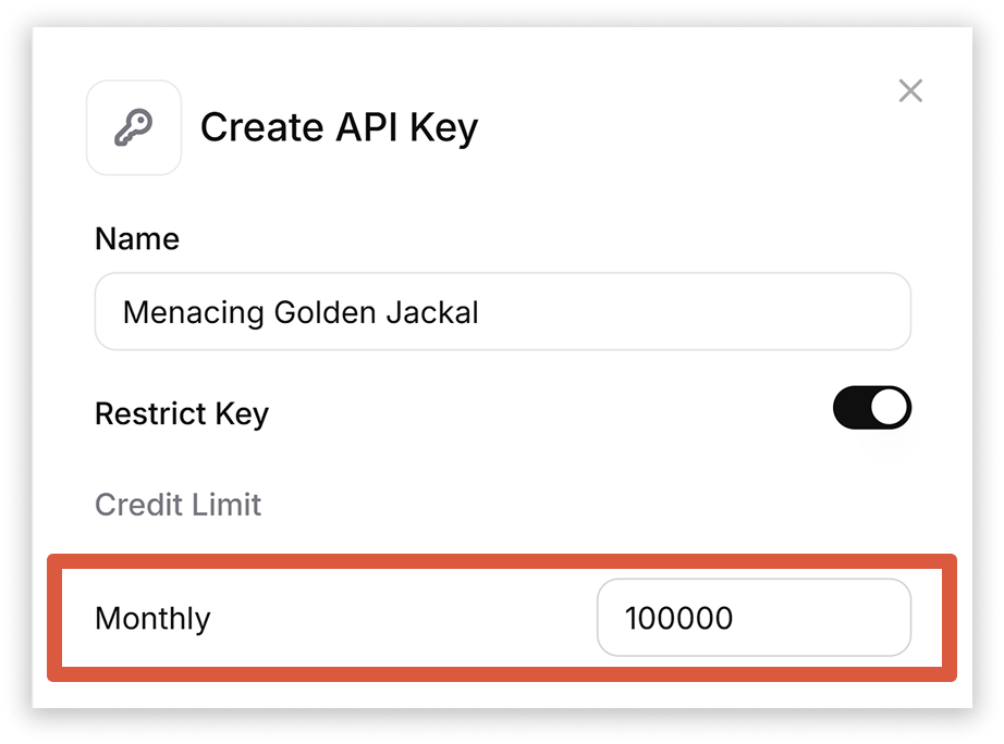 A screenshot highlighting the field to enter a monthly credit limit for your API key.