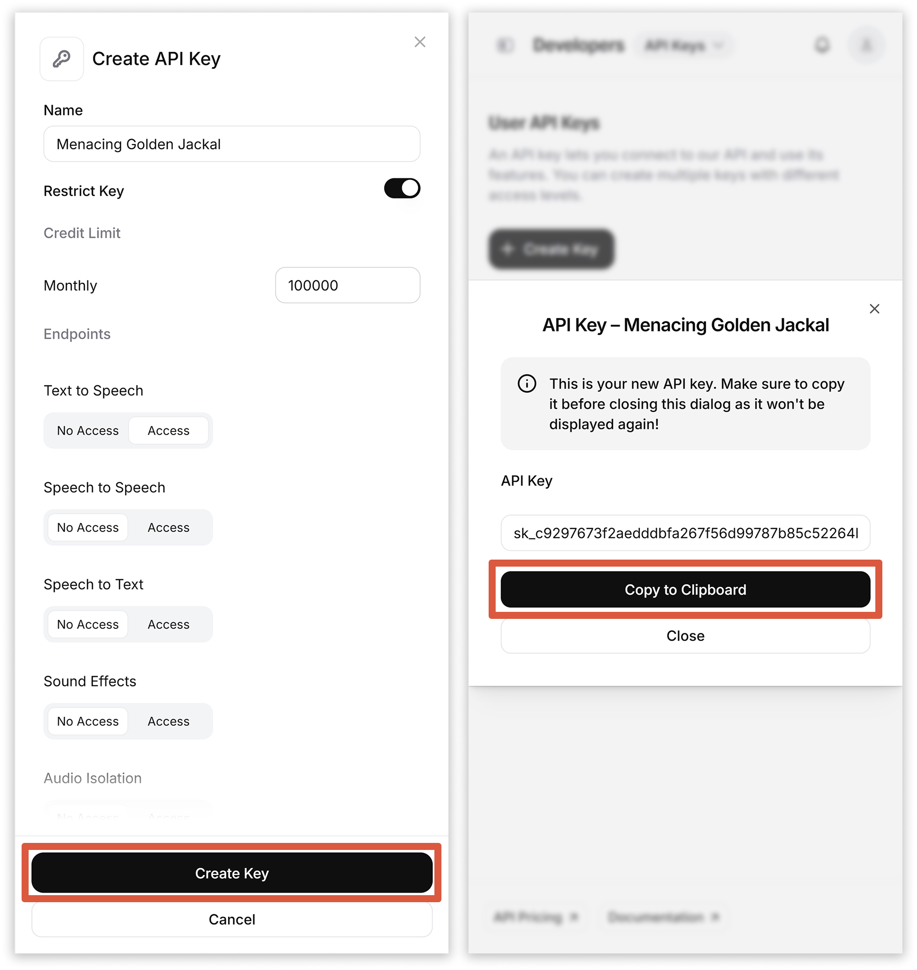 A screenshot showing the final steps of creating an API key and highlighting the buttons you need to tap.