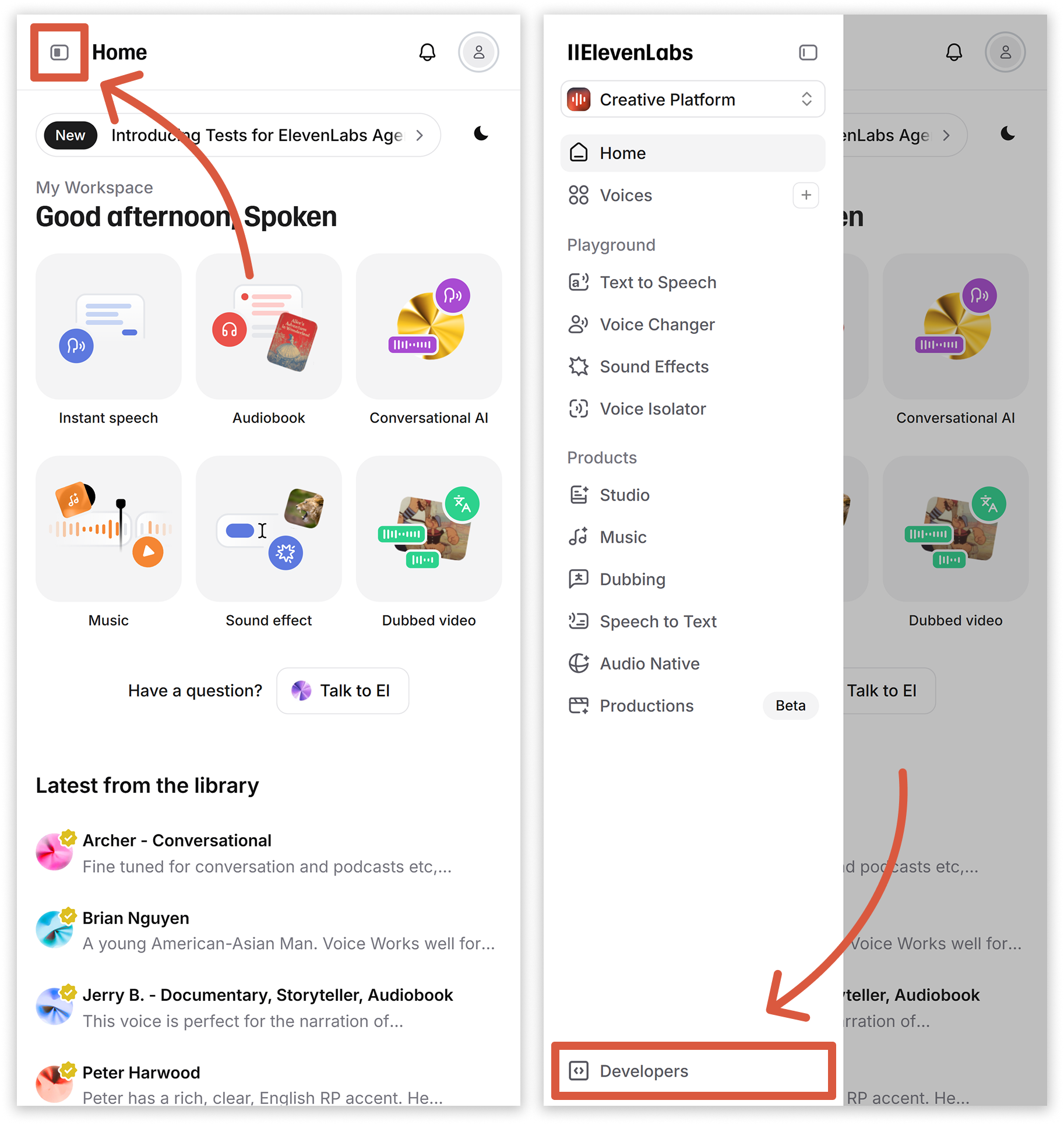 Screenshots of the ElevenLabs website on mobile. Orange arrows and outlines show the placements of the buttons mentioned in the tutorial.