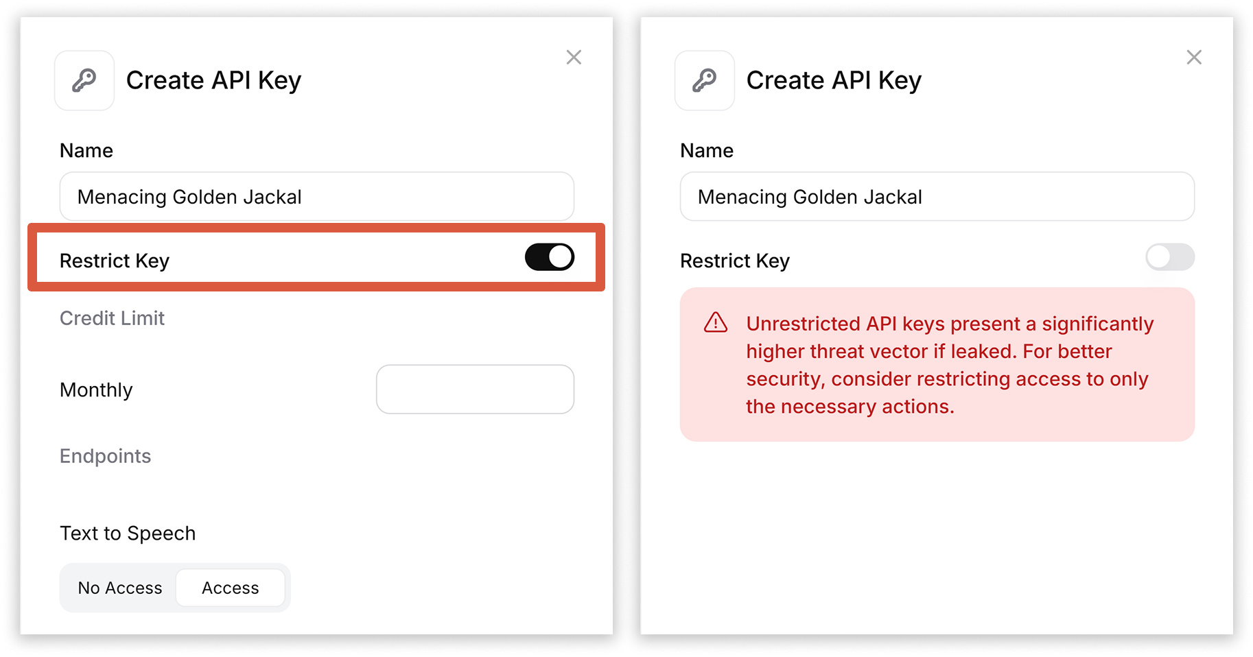 Screenshots showing the Restrict Key toggle and what happens when you turn it off. When toggled off, there is a warning that unrestricted API keys could pose a threat if leaked.