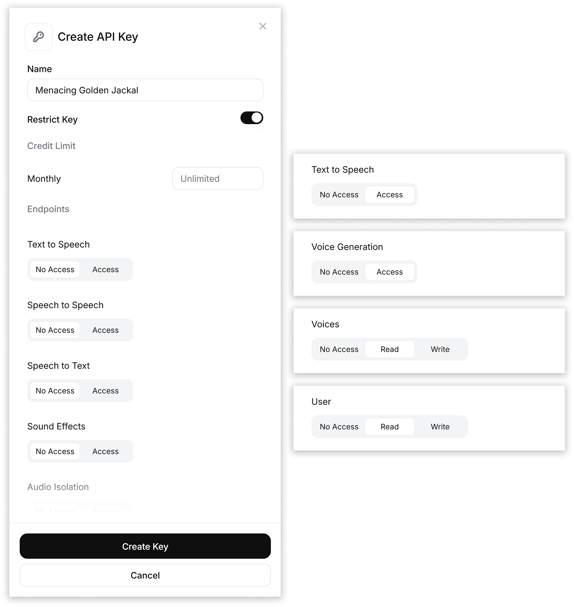 A screenshot of the Create API Key page on ElevenLabs. To the right are snippets of the specific settings that need to be adjusted for the key to work properly.