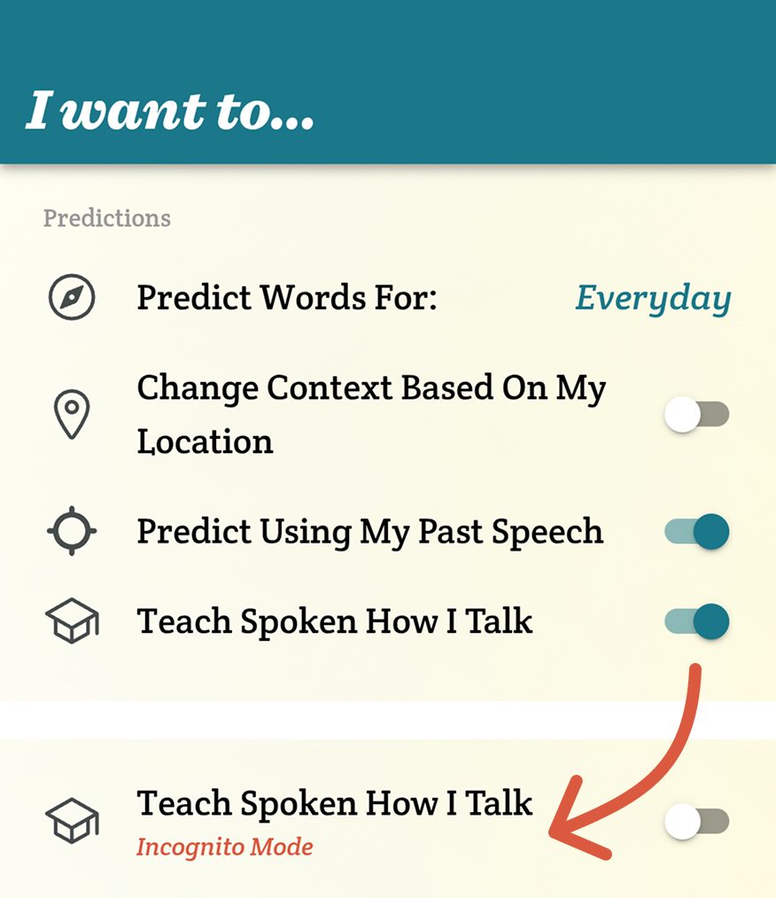 In the Spoken AAC app's settings menu, the Teach Spoken How I Talk setting is shown toggled on, and an arrow is pointing to the setting toggled off. In the toggled off position, Incognito Mode appears in smaller, red text below the main title.
