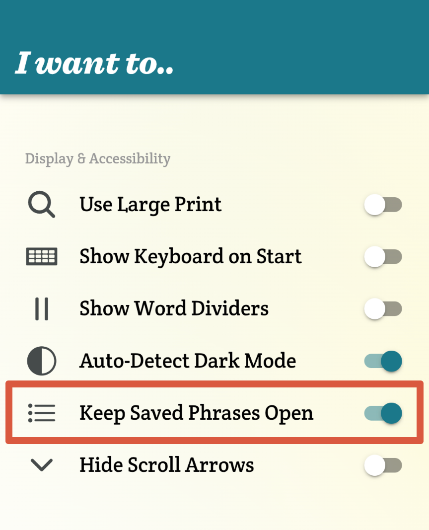 Spoken's “Keep Saved Phrases Open” setting toggled on and outlined in orange.